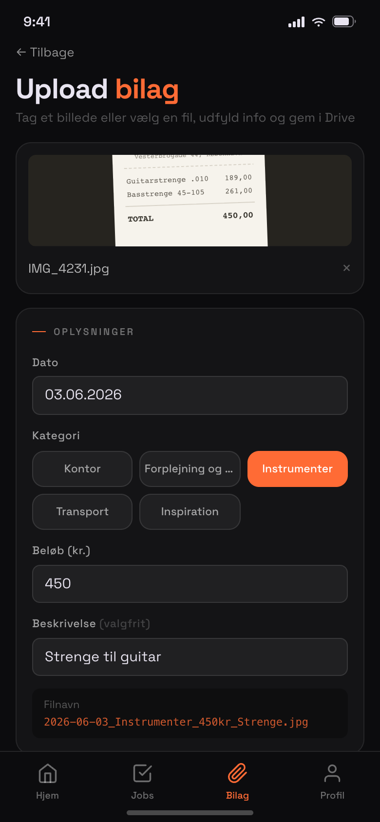 Upload af bilag i portalen med kategorivalg og automatisk filnavn