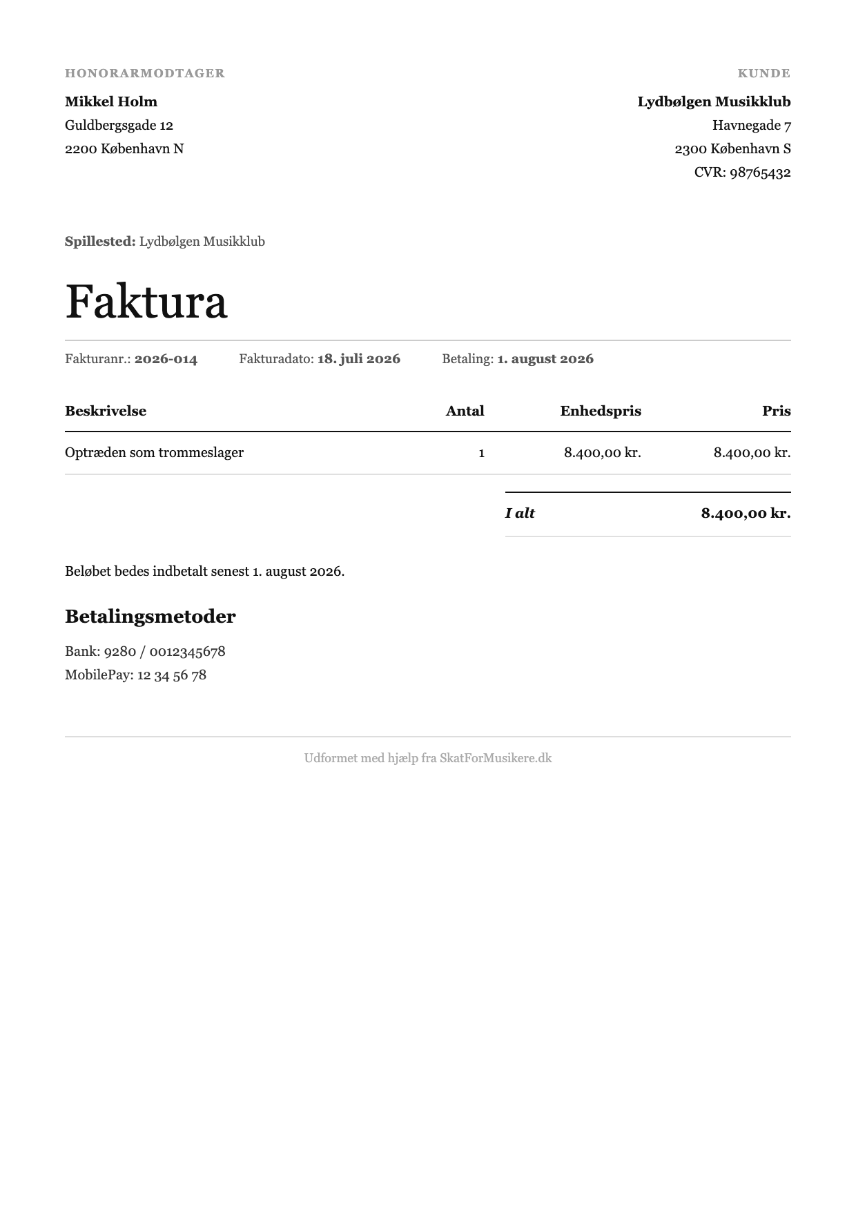 Færdig honorarfaktura som PDF, genereret automatisk af portalen